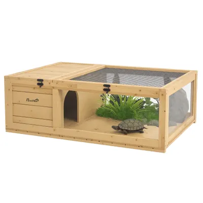 PawHut Cușcă pentru animale mici, broaște țestoase, cu 2 spații 91 x 60,5 x 32 cm lemn masiv galben deschis | Aosom Romania