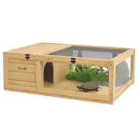 PawHut Cușcă pentru animale mici, broaște țestoase, cu 2 spații 91 x 60,5 x 32 cm lemn masiv galben deschis | Aosom Romania