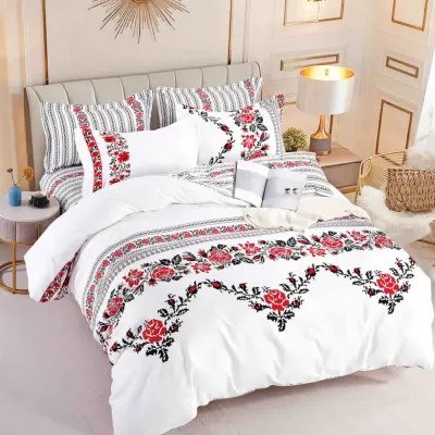 Lenjerie pat 1 PERSOANA, FINET, 4 piese, Jojo Home, Alb, Rosu, Negru, Model Traditional