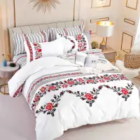 Lenjerie pat 1 PERSOANA, FINET, 4 piese, Jojo Home, Alb, Rosu, Negru, Model Traditional