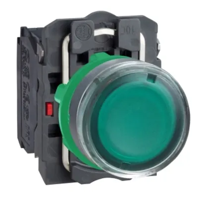 Buton Iluminat Verde Ø 22, Incastrat, Revenire cu Arc, 250 V, 1No+1Nc