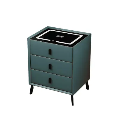 Noptiera inteligenta cu incarcare wireless, iluminare LED si 3 sertare – culoare verde, design modern din sticla si lemn