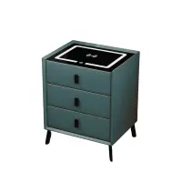 Noptiera inteligenta cu incarcare wireless, iluminare LED si 3 sertare – culoare verde, design modern din sticla si lemn