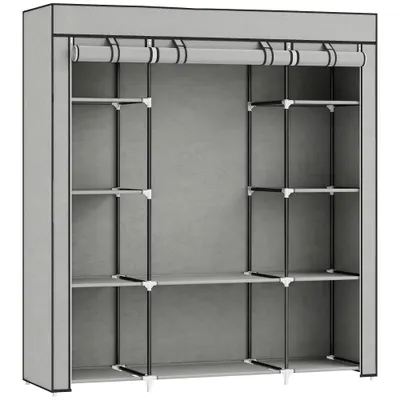 HOMCOM Dulap de depozitare, garderobă pliabilă din material textil cu bară de suspendare și rafturi, 150 x 43 x 162,5 cm, gri deschis | Aosom Romania