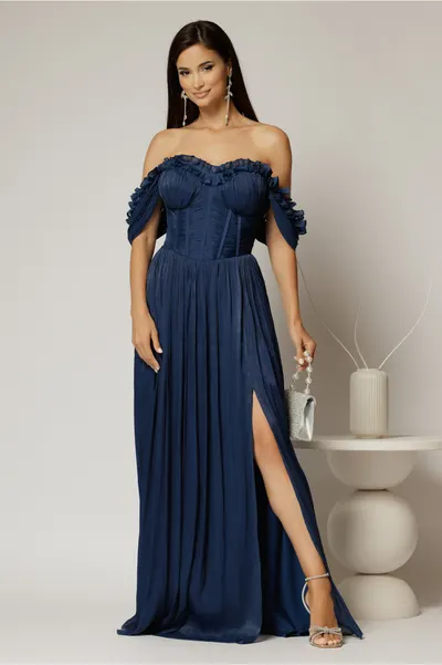 Rochie lunga bleumarin de ocazie din voal peliculizat cu bust tip corset