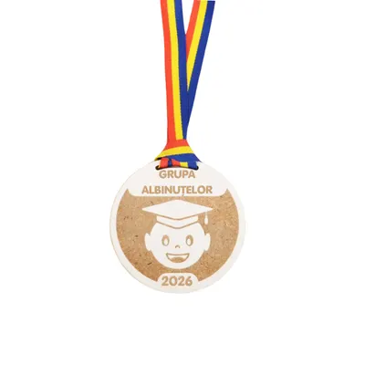 Medalie personalizată din lemn gravat cu șnur tricolor
