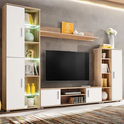 Gossi mobila de perete cu spatiu tv, iluminare led, stejar sonoma