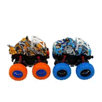 Set 2 Mașinuțe Monster Truck, Crazy Fiction, Design Dino, Albastru-Portocaliu, Roti Oversized, Mecanism Pull-Back, 9x9 cm