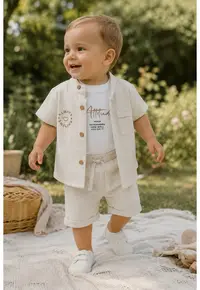 Compleu bebe baieti 3 piese din muselina cu tricou alb din bumbac si pantaloni crem