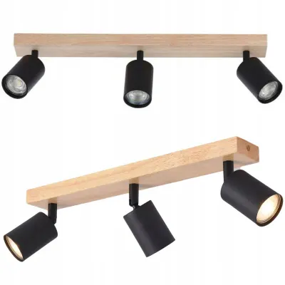 Aplica de tavan stil industrial, 3 spoturi LED GU10 reglabile, putere maxima bec 35W, otel si lemn