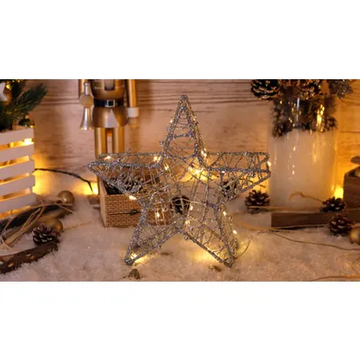 Stea LED de Craciun, argintie, din metal, cu baterii Timer 6+18h, 20LED, 3000K, 2xAA