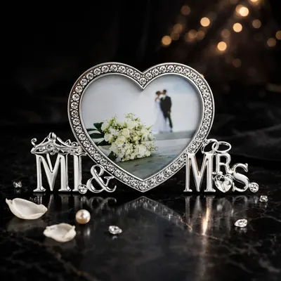 Ramă Foto Nuntă „Mr & Mrs” în Formă de Inimă cu Strasuri, 10x10 cm, AZAY – Cadou pentru Miri, Cuplu, Aniversare, Valentine’s Day, Decor Romantic