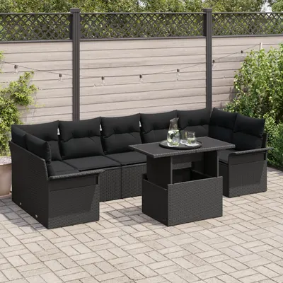 Set de canapea de gradina cu 8 piese si perne negru ratan poli, canapea de gradina de 2 locuri cu spatiu de stocare & perne negru ratan poli