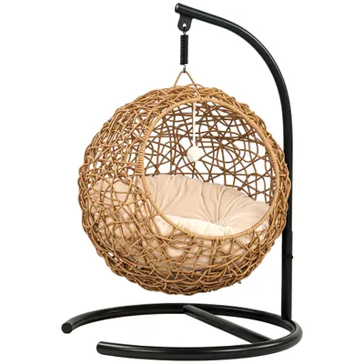 PawHut Pat împletit pentru pisici, Casă înaltă din rattan pentru pisici cu pernă lavabilă și bilă de joacă, Ascunzătoare pentru interior pentru pisici | Aosom Romania