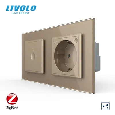 Intrerupator tactil simplu cap/scara Zigbee + priza Schuko Zigbee, generatia noua, cu rama sticla Auriu