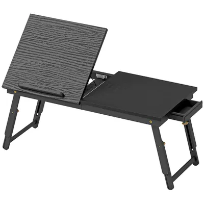HOMCOM Suport Monitor Inclinabil și Reglabil cu Sertar Lateral, din Lemn, 83,5x33x23,5-34 cm, Negru | Aosom Romania
