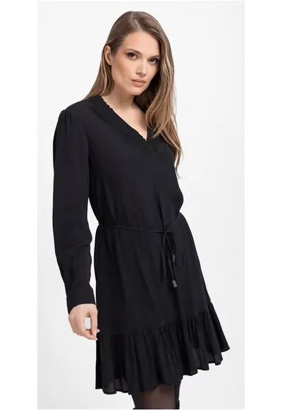 Rochie lejera din viscoza cu maneci lungi - G-Peya - decolteu in V - neagra - Negru