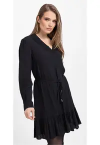 Rochie lejera din viscoza cu maneci lungi - G-Peya - decolteu in V - neagra - Negru