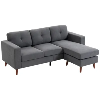 HOMCOM Colțar 192 cm în formă de L Canapea 3 locuri cu șezlong reversibil, aspect corduroy, pentru spații mici, Gri închis | Aosom Romania