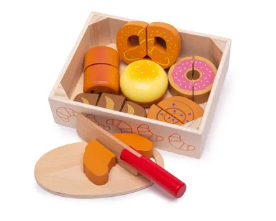 Set de 7 alimente de patiserie în lădiță din lemn pentru feliat
