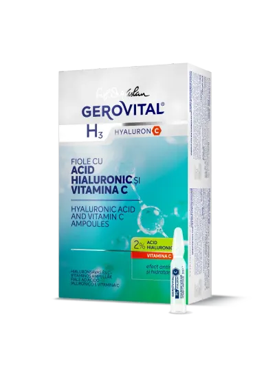 Fiole Cu Acid Hialuronic 2% și Vitamina C Hidratare, Netezire Riduri și Antimbătrnire, Gerovital H3 Hyaluron C, 10 Fiole X 2 Ml