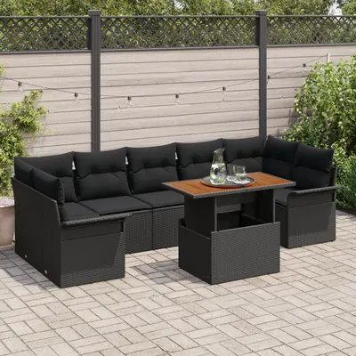 Set canapea gradina Gossi cu 8 piese si perne ratan negru poliester, canapea gradina Gossi cu 2 locuri si spatiu de stocare & perne ratan negru poliester