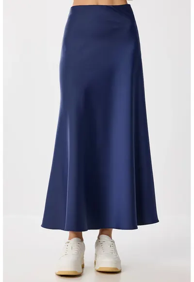 Fusta maxi - Happiness Istanbul - satin - talie inalta - bleumarin - elegant