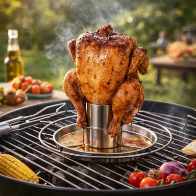 Suport pui la bere pentru grătar, inox, cu tavă colectoare, pentru BBQ și cuptor