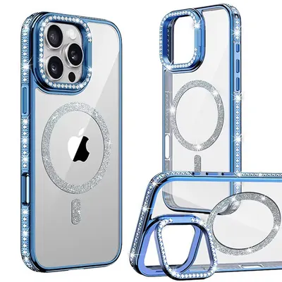 Husa Crystal MagSafe, Suport camera, iPhone 15 Pro, Strasuri si sclipici, Protectie antisoc, Albastru Engros