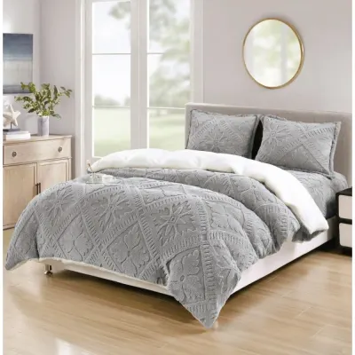 Lenjerie de Pat Dublu, CoCoLiNo Ultra Pufoasa, cu Blanita Sherpa Alba, 4 piese, Cearsaf cu ELASTIC, Model Traditional 3D, Gri deschis