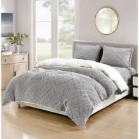 Lenjerie de Pat Dublu, CoCoLiNo Ultra Pufoasa, cu Blanita Sherpa Alba, 4 piese, Cearsaf cu ELASTIC, Model Traditional 3D, Gri deschis