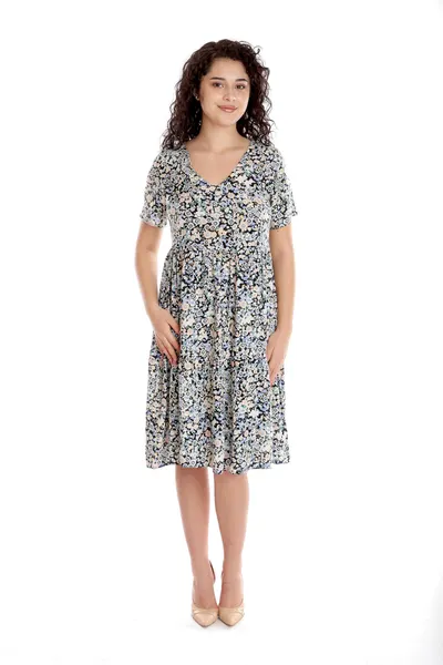 Rochie volane CV24052 SIZE albastru/somon microfloral, Cesy | marimea XXL