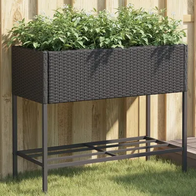 vidaXL Jardinieră de grădină cu raft, negru, poliratan