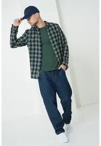 Camasa din bumbac cu model in carouri - Alb/Verde lime/Bleumarin