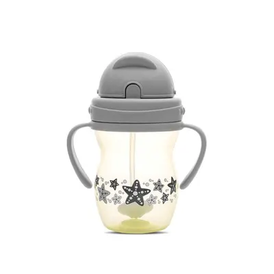 Cana cu manere si pai, anti-varsare, potrivita pentru calatorii, 12 luni+, 275 ml, Grey Yellow