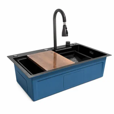 Chiuvetă modernă pentru bucătărie culoare :negru , multifuncțională, duș extractibil, inox, calitate premium, accesorii incluse dimensiuni 750*460*220mm