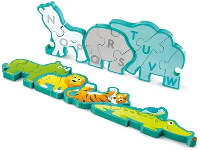 Puzzle din lemn Hape - Alfabet si animale, cu doua fete