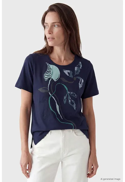 Tricou din bumbac cu imprimeu grafic - Bleumarin/Verde menta