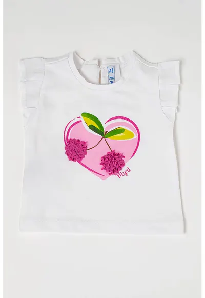 Tricou cu volane pe maneci si imprimeu - Alb/Roz