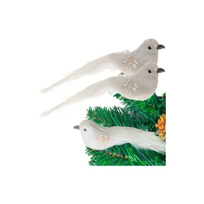 Ornament brad Craciun, set 2 pasari cu clips de prindere, glitter, alb