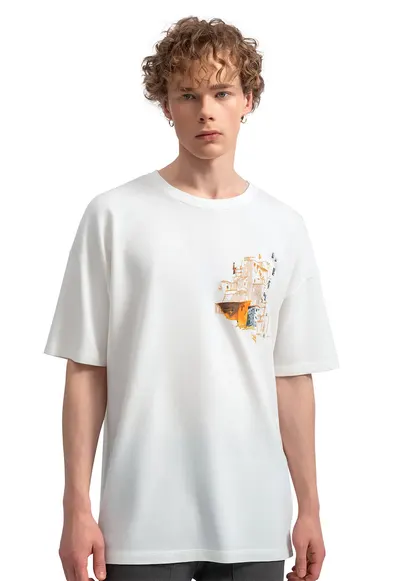 Tricou unisex cu broderie - Gri deschis/Portocaliu/Alb murdar