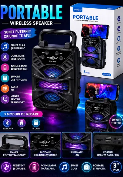 Boxa Portabila Bluetooth GTS-2422, 3 Inch, LED RGB, Radio FM, USB, TF Card, Acumulator Reincarcabil, Suport Telefon