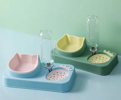 Castron dublu din plastic, pentru mancare si apa, cu dozator automat, pentru caini si pisici, verde cu castron galben