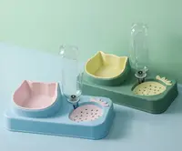 Castron dublu din plastic, pentru mancare si apa, cu dozator automat, pentru caini si pisici, verde cu castron galben