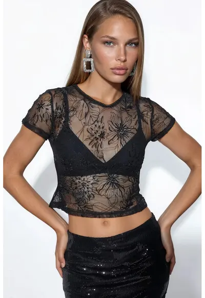 Bluza slim-fit - neagra - florala - cu paiete - poliester cu lycra