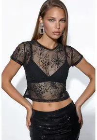 Bluza slim-fit - neagra - florala - cu paiete - poliester cu lycra