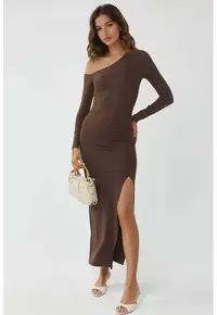 Rochie maxi guler asimetric - maro cafeniu - jerseu