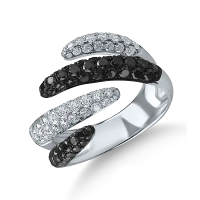 Inel deschis din aur alb cu diamante negre si incolore de 1.84ct