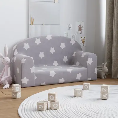 vidaXL Canapea de copii cu 2 locuri, gri deschis cu stele, pluș moale