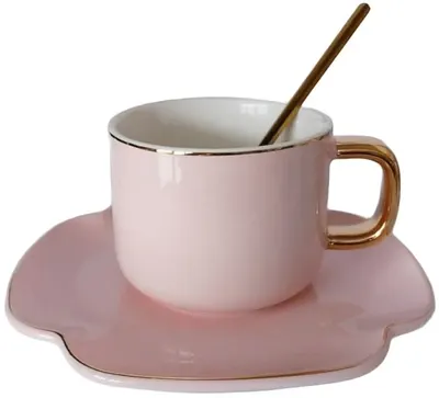 Cană Morello - Pink Clover, cu farfurie și linguriță, 200 ml